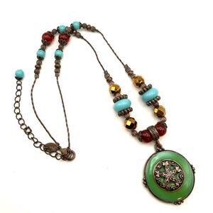 Vtg 1928 SEDONA Green Enamel Medallion Pendant Necklace Bead Boho Ethnic 16"